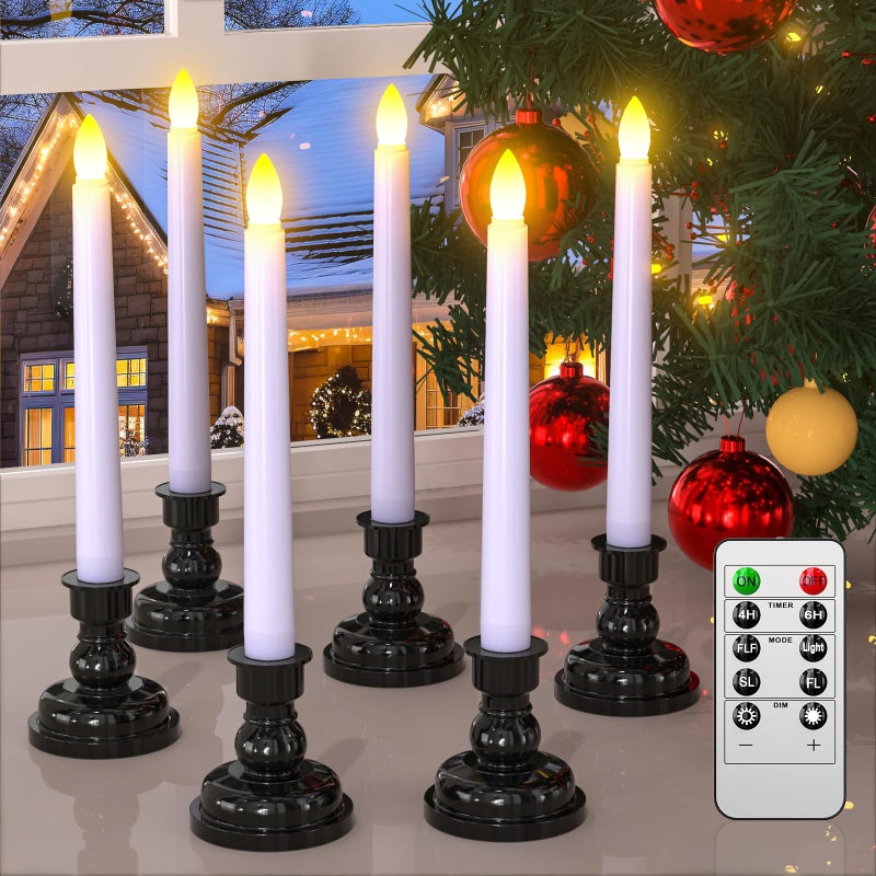 PChero LED Taper Candles with Remote Timers, 6 Pack Flameless Battery Operated Flickering Window Candles with Candlestick Holders for Thanksgiving Christmas Home Decorations - Image 1
